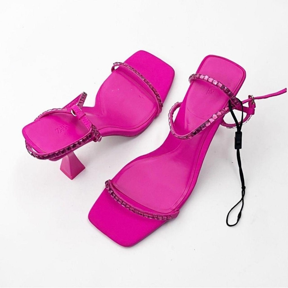 ZARA Pink Square Toe Rhinestone Detail Ankle Strap High Heel Sandals